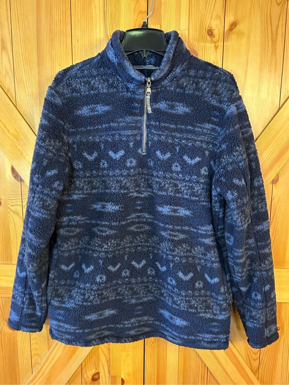 Alpine Sherpa Pullover Jacket Quarter Zip Navy Print Long Sleeve Fuzzy Medium (0